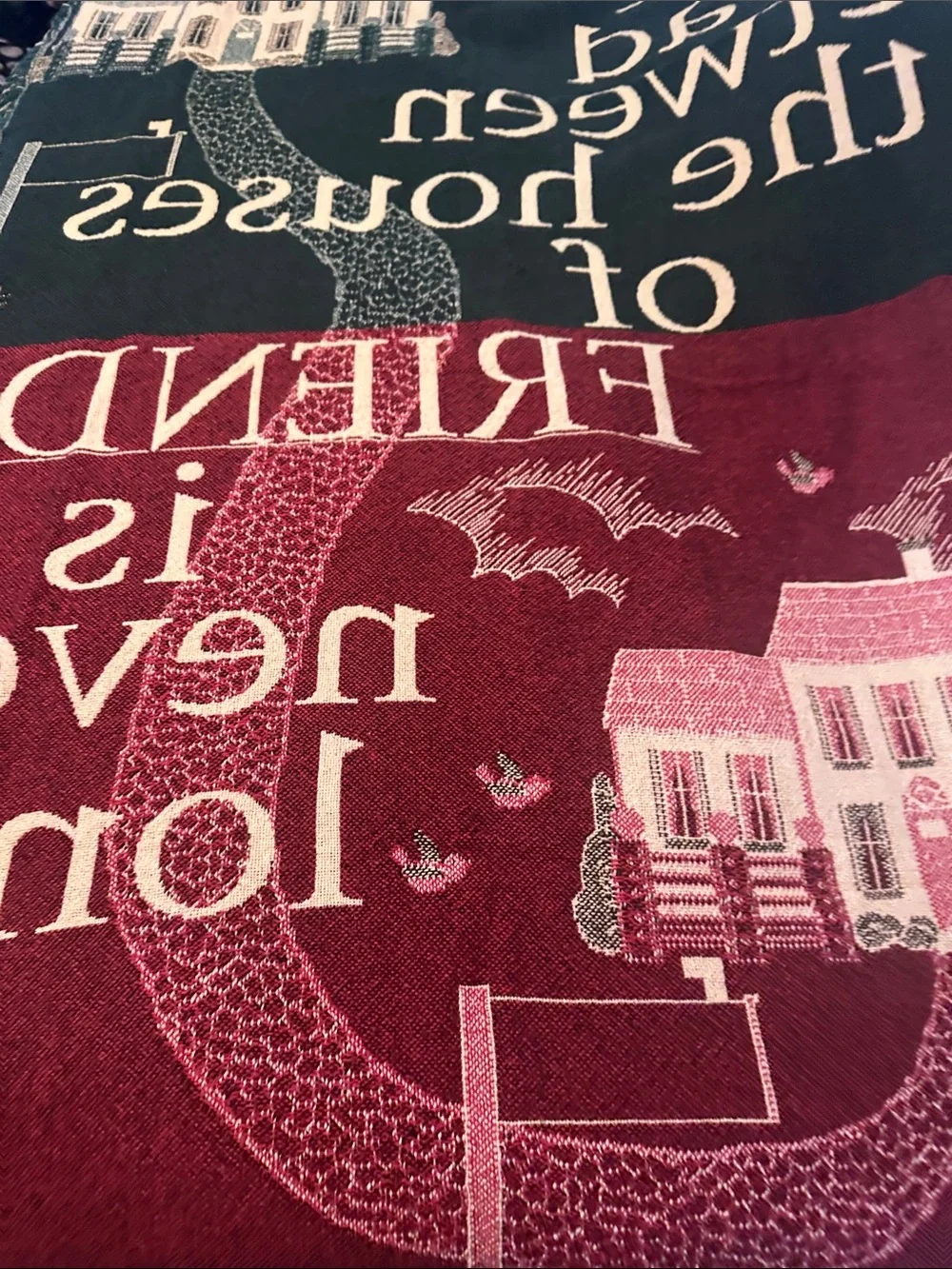 Vintage Friendship Quote Woven Throw Blanket in Cream and Burgundy